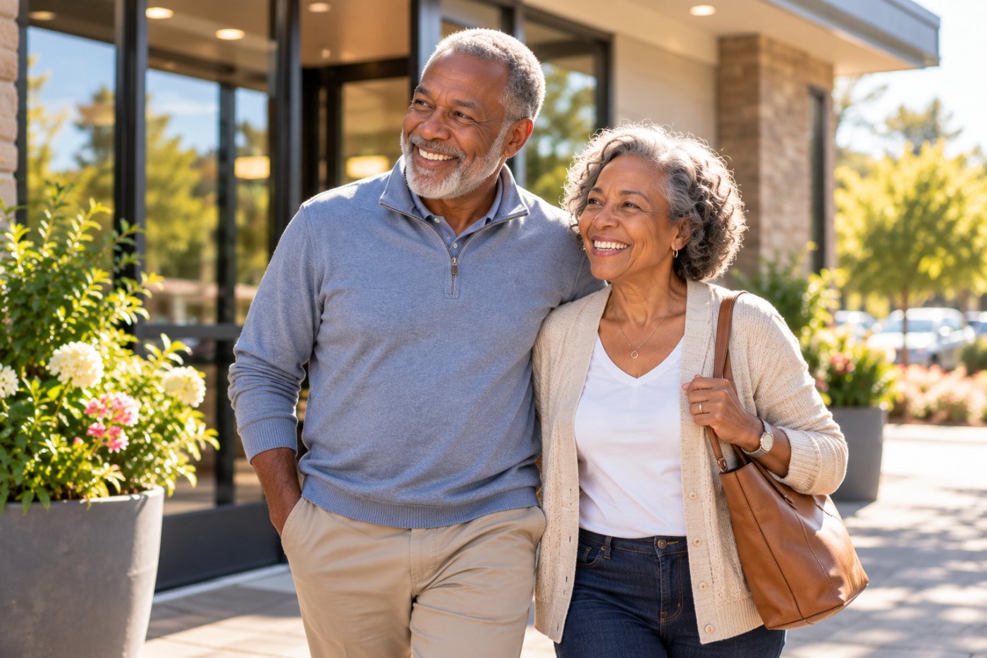 A couple in their late sixties leaving a modern clinic