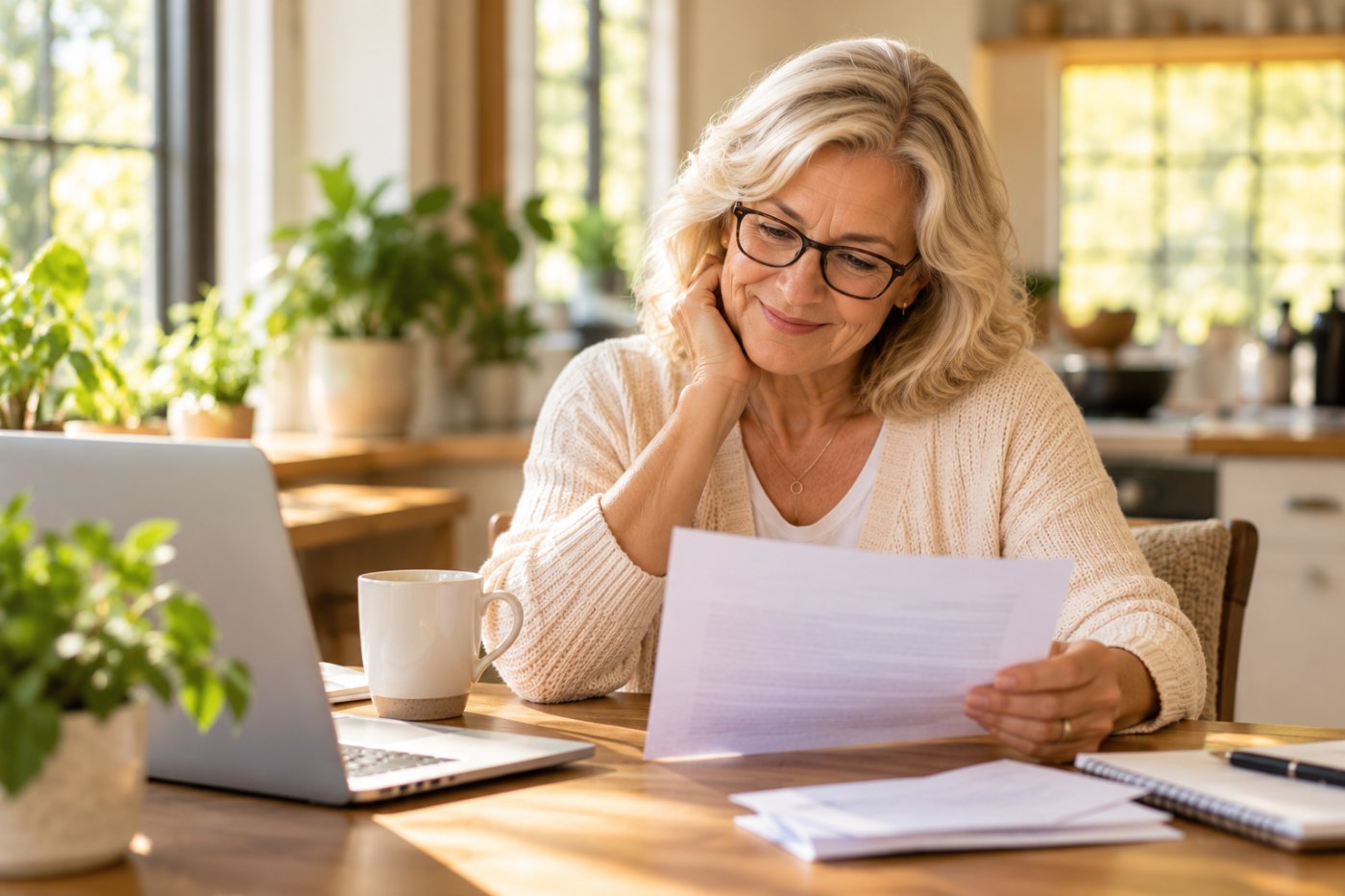 A woman in her sixties reading a Medicare letter at her desk