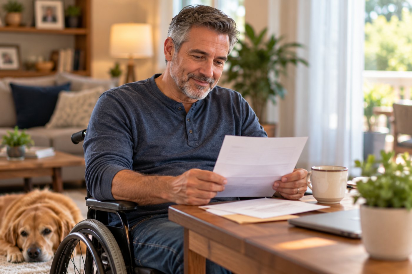 A man in his fifties at home reviewing paperwork with a cup of coffee