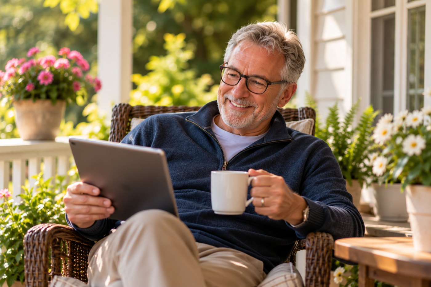 A man in his late sixties on his porch with a tablet and coffee