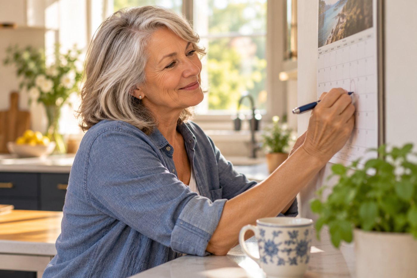 A woman marking her calendar at a kitchen counter
